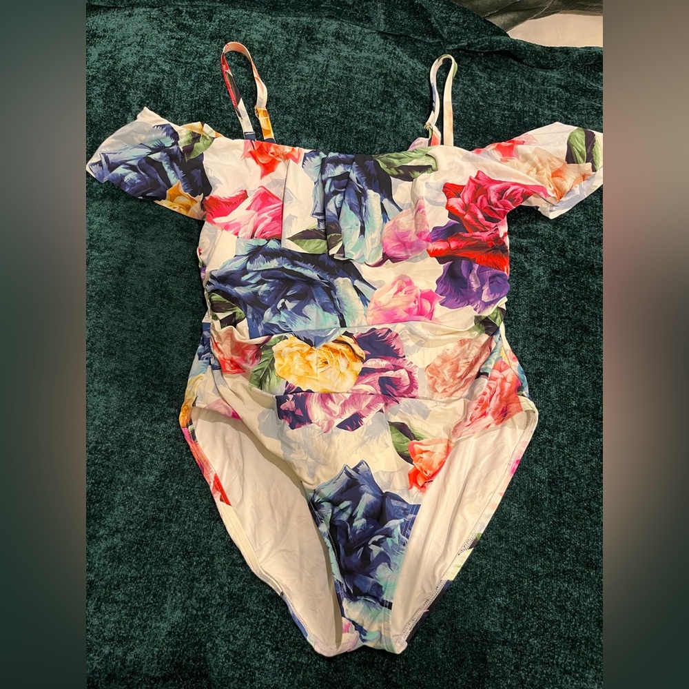 La Blanca White Floral Off the Shoulder One Piece Swimsuit